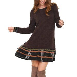 Womens Sweater Dress Tunic Large Brown Plaid Tiered Ruffle Hem Egs by Eloges